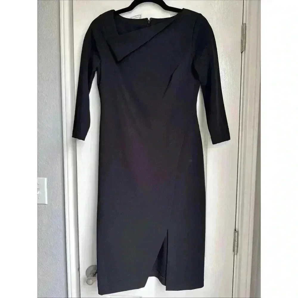 Calvin Klein Slit Dress Black Size 4 3/4 Sleeves Asymmetrical Collar